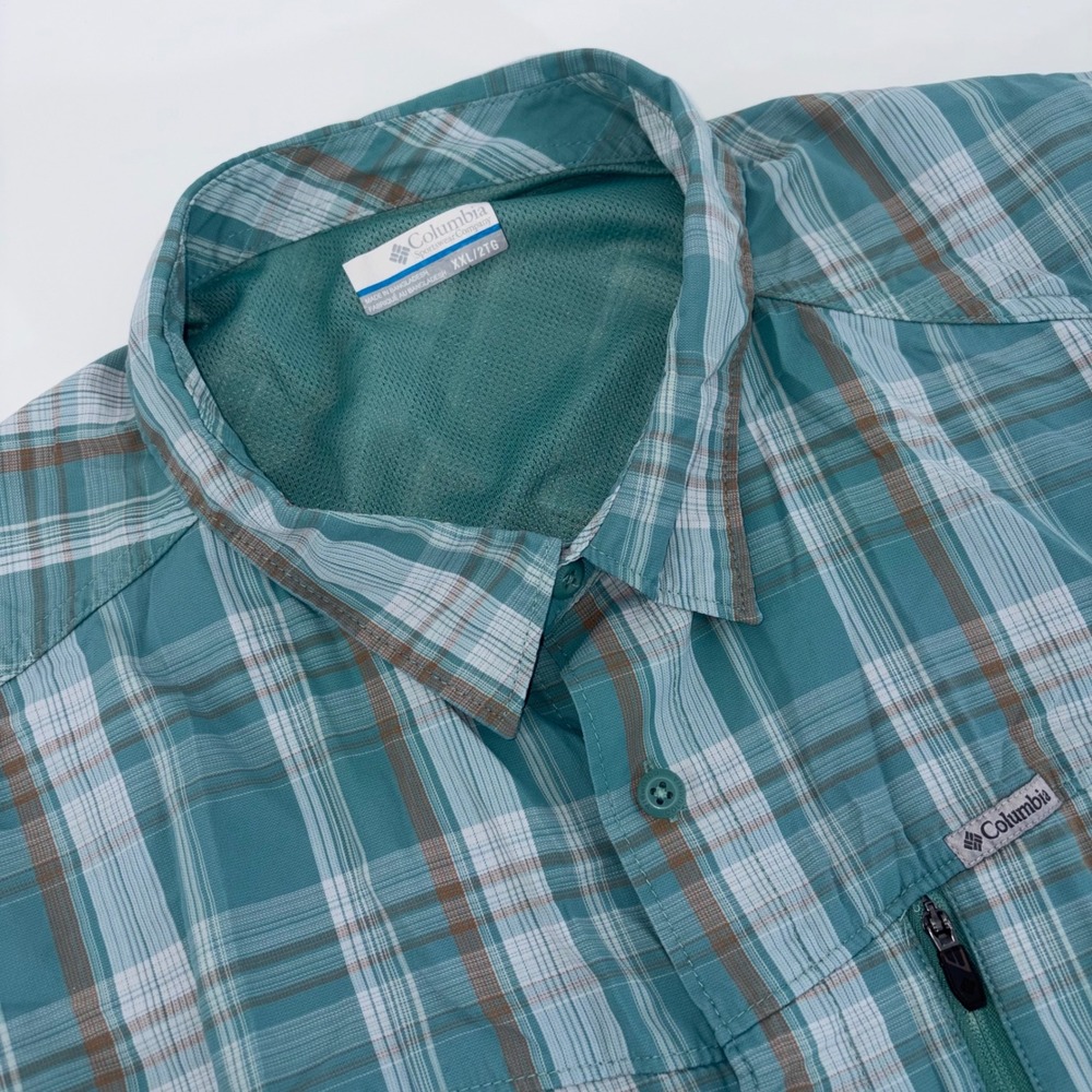 Columbia Omni-Shade Mens XXL Teal Plaid Short Sleeve Hiking Fishing Shirt